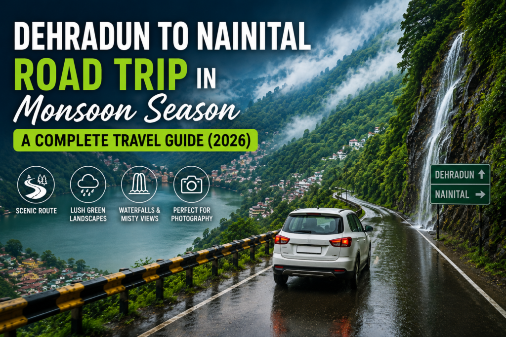 Scenic Dehradun to Nainital road trip during the monsoon season with a misty mountain road, lush green hills, waterfall, and lake view.