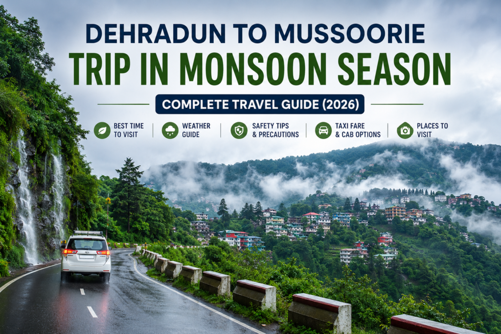 Dehradun to Mussoorie trip in Monsoon Season with misty hills, lush green mountains, scenic road, and flowing waterfall.
