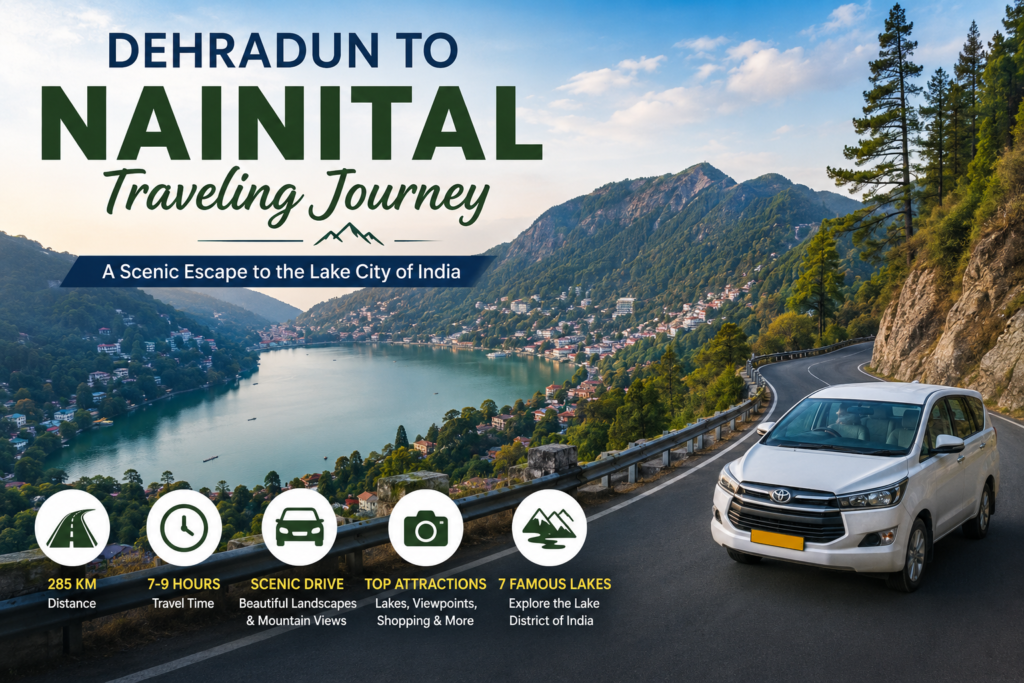 Dehradun to Nainital traveling journey with scenic mountain road, Naini Lake, and panoramic hill views.